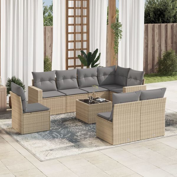 vidaXL 9 Piece Garden Sofa Set with Cushions Beige Poly Rattan