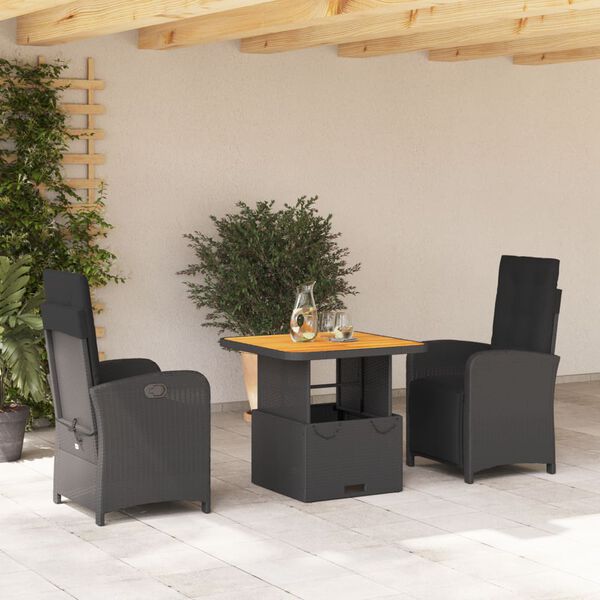 vidaXL 3 Piece Garden Dining Set with Cushions Black Poly Rattan