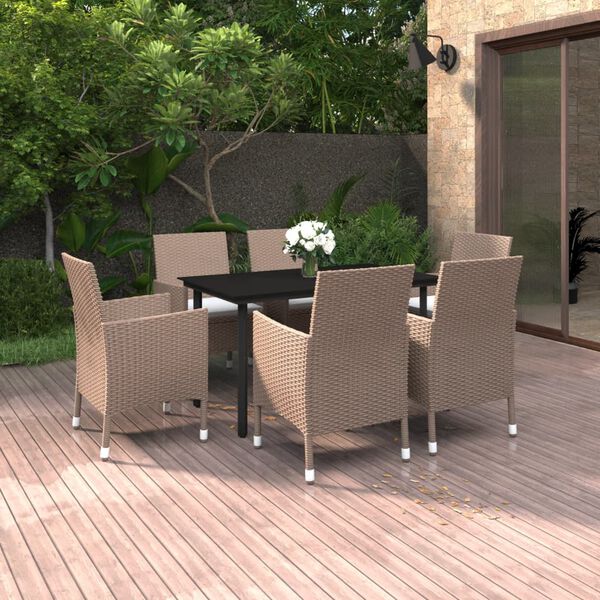 vidaXL 7 Piece Garden Dining Set with Cushions Poly Rattan and Glass