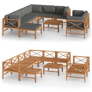 vidaXL 10 Piece Garden Lounge Set with Grey Cushions Solid Teak Wood