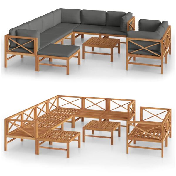 vidaXL 10 Piece Garden Lounge Set with Grey Cushions Solid Teak Wood