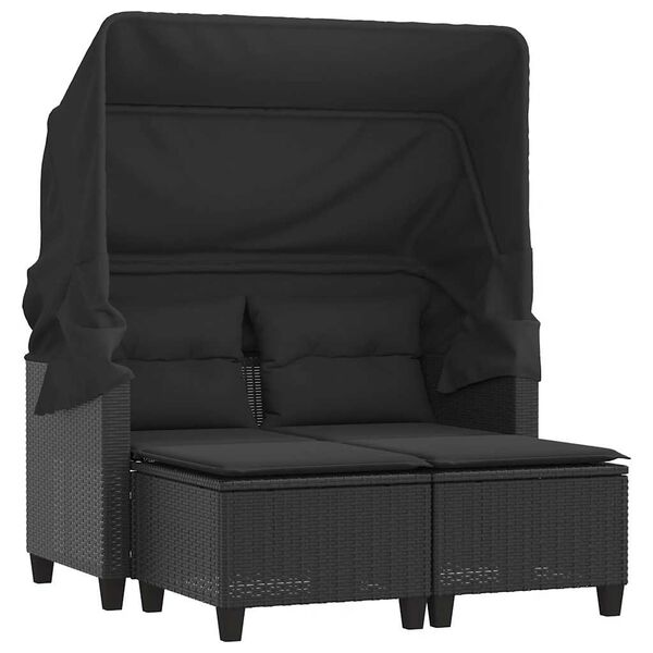 vidaXL Garden Sofa 2-Seater with Canopy and Stools Black Poly Rattan