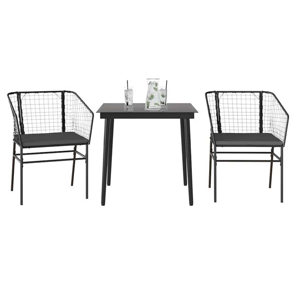 vidaXL 3 Piece Garden Dining Set with Cushions Black Poly Rattan Glass