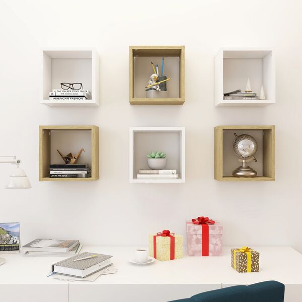 vidaXL Wall Cube Shelves 6 pcs White and Sonoma Oak 26x15x26 cm