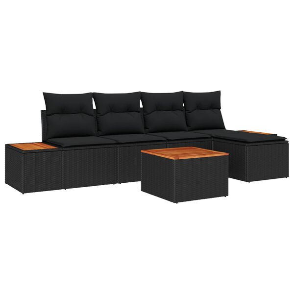 vidaXL Garden Sofa Set with Cushion 6 pcs Black Poly Rattan