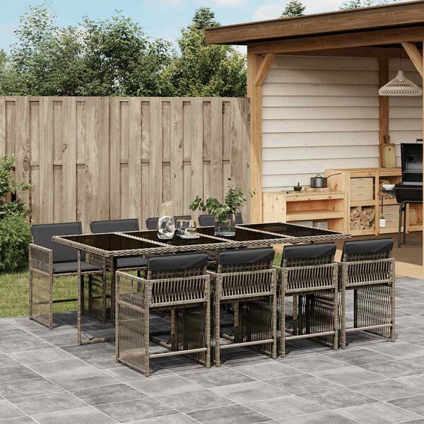 vidaXL 9 Piece Garden Dining Set with Cushions Grey Poly Rattan