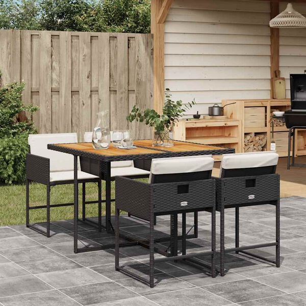 vidaXL 5 Piece Garden Dining Set with Cushions Black Poly Rattan