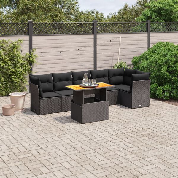 vidaXL 7 Piece Garden Sofa Set with Cushions Black Poly Rattan