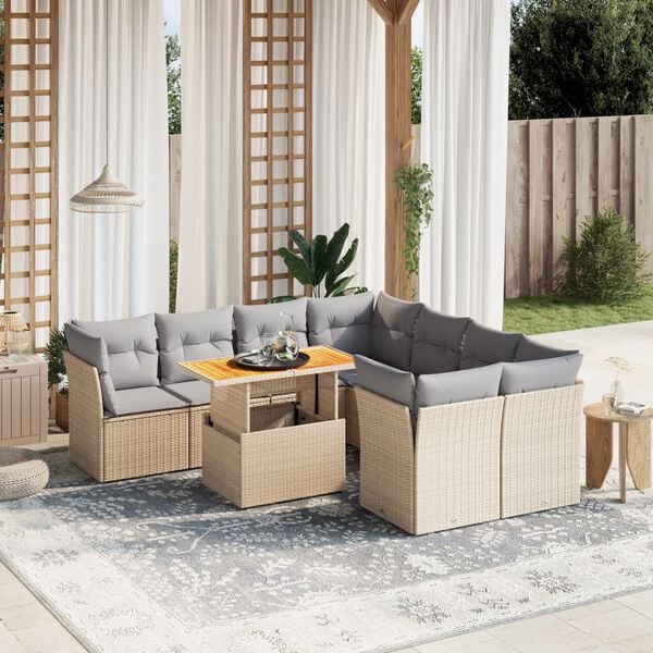 vidaXL 9 Piece Garden Sofa Set with Cushions Beige Poly Rattan