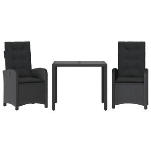 vidaXL 3 Piece Garden Dining Set with Cushions Black Poly Rattan