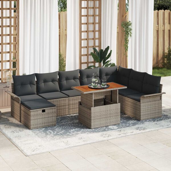 vidaXL Garden Sofa Set with Cushion 9 pcs Grey Poly Rattan