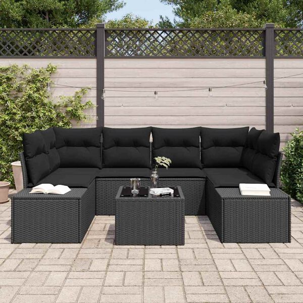 vidaXL Garden Sofa Set with Cushion 7 pcs Black Poly Rattan