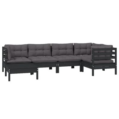 vidaXL 6 Piece Garden Lounge Set with Cushions Black Solid Pinewood