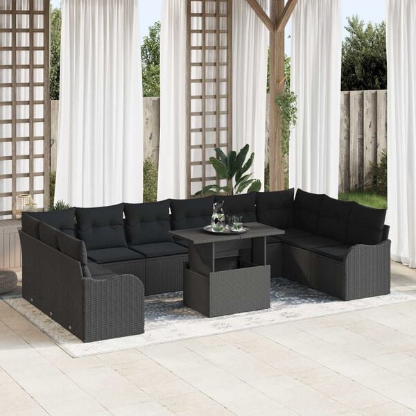 vidaXL Garden Sofa Set with Cushion Manual 11 pcs Black Poly Rattan