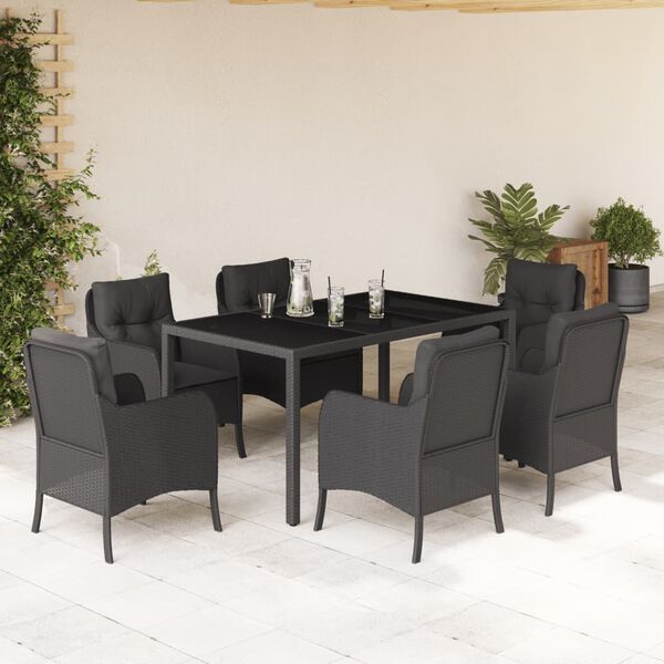 vidaXL 7 Piece Garden Dining Set with Cushions Black Poly Rattan