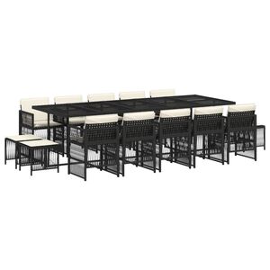 vidaXL 15 Piece Garden Dining Set with Cushions Black Poly Rattan