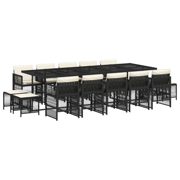 vidaXL 15 Piece Garden Dining Set with Cushions Black Poly Rattan