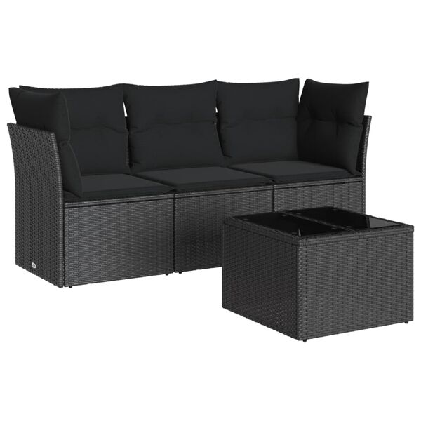 vidaXL 4 Piece Garden Sofa Set with Cushions Black Poly Rattan