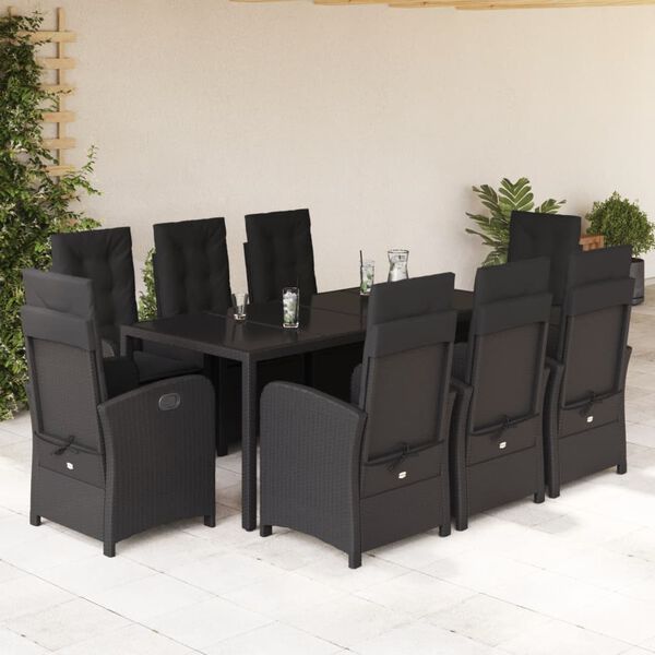 vidaXL 9 Piece Garden Dining Set with Cushions Black Poly Rattan