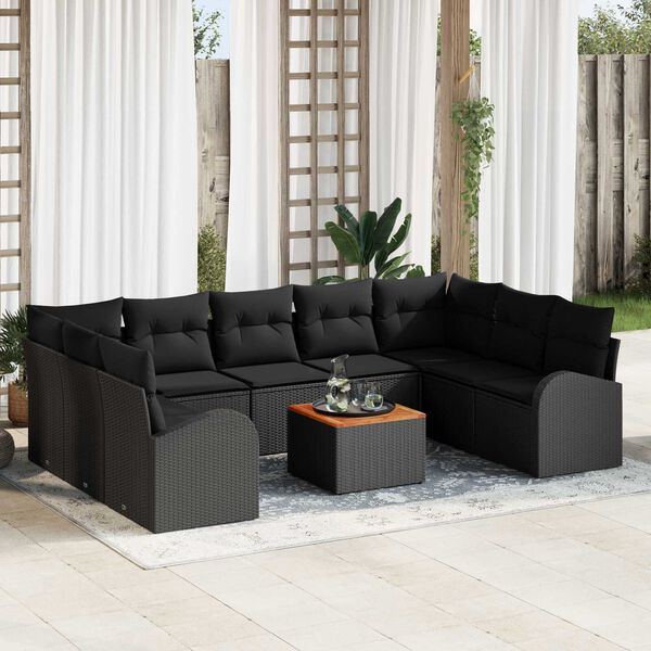 vidaXL Garden Sofa Set with Cushion 10 pcs Black Poly Rattan