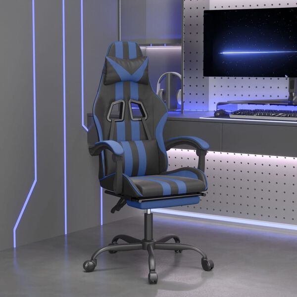 vidaXL Swivel Gaming Chair with Footrest Black&Blue Faux Leather
