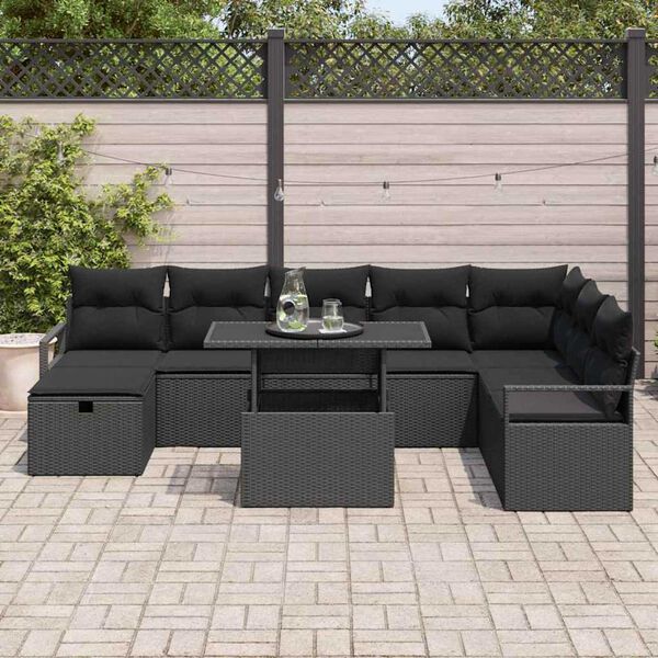 vidaXL Garden Sofa Set with Cushion 9 pcs Black Poly rattan