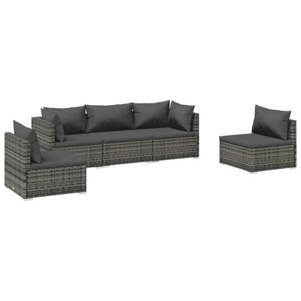 vidaXL 5 Piece Garden Lounge Set with Cushions Poly Rattan Grey