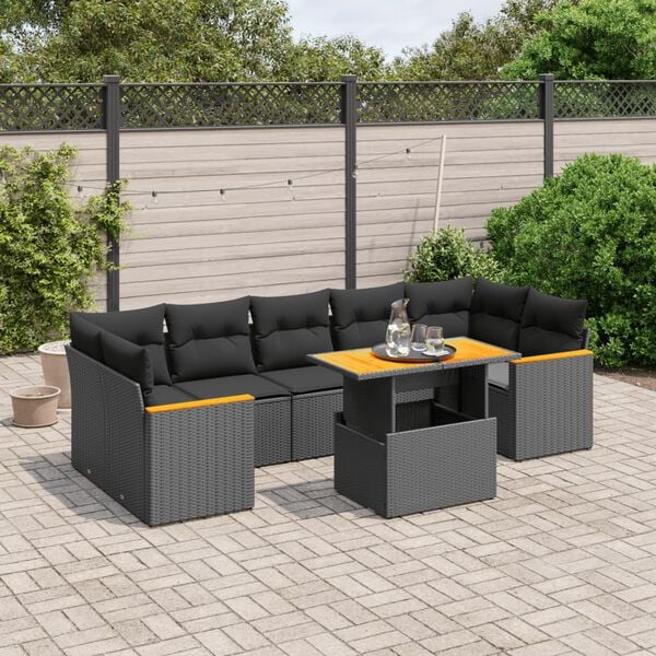 vidaXL 8 Piece Garden Sofa Set with Cushions Black Poly Rattan
