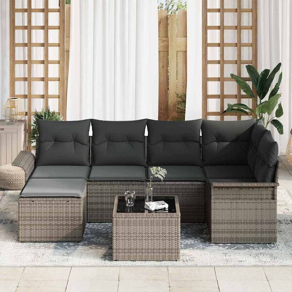 vidaXL Garden Sofa Set with Storage 7 pcs Grey Poly Rattan