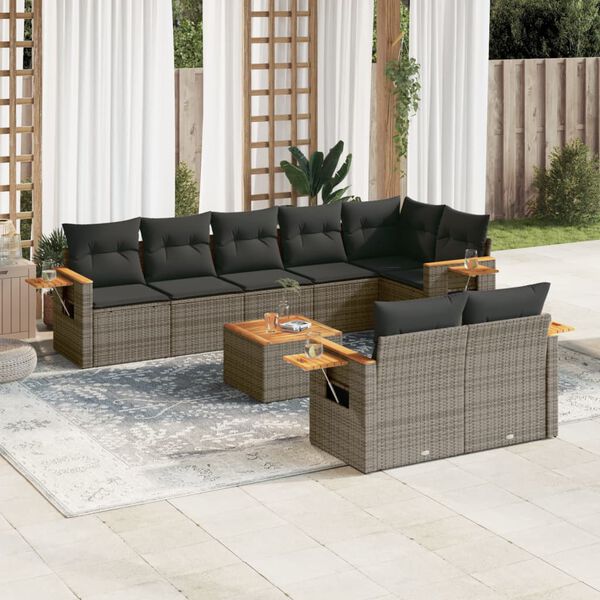 vidaXL 9 Piece Garden Sofa Set with Cushions Grey Poly Rattan