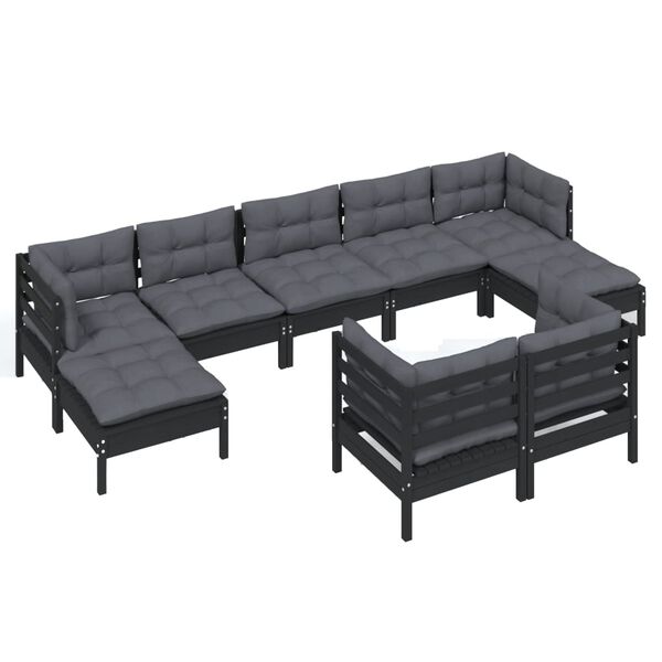vidaXL 9 Piece Garden Lounge Set with Cushions Black Solid Pinewood