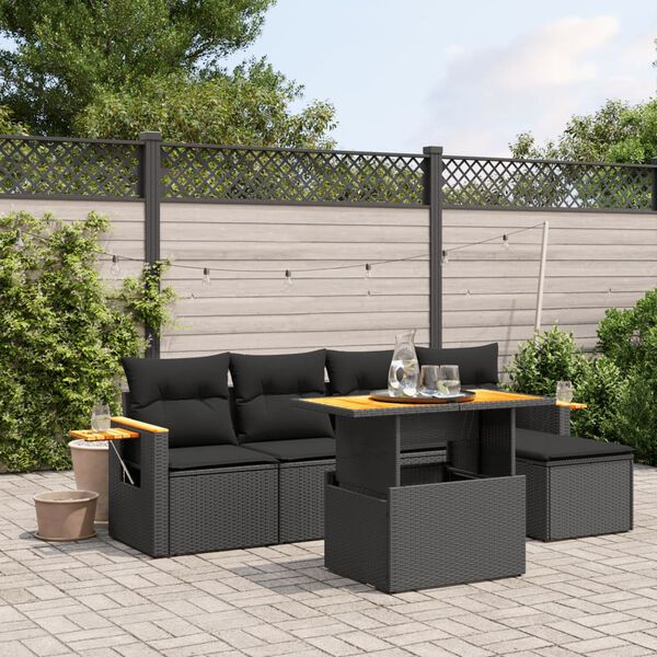 vidaXL 6 Piece Garden Sofa Set with Cushions Black Poly Rattan Acacia