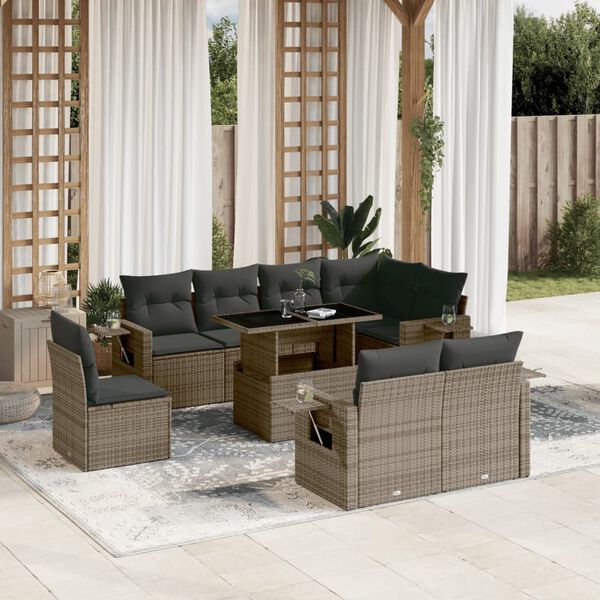 vidaXL 9 Piece Garden Sofa Set with Cushions Grey Poly Rattan