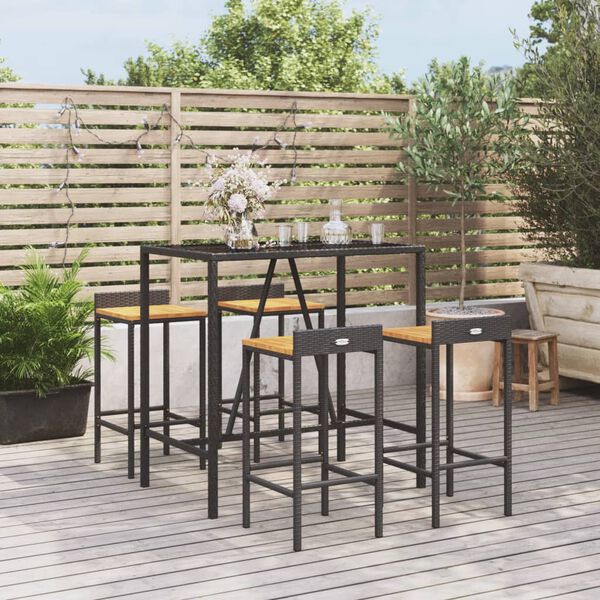 vidaXL 5 Piece Garden Bar Set Black Poly Rattan& Solid Wood Acacia