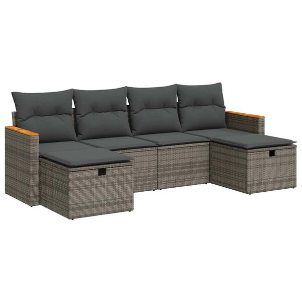 vidaXL 6 Piece Garden Sofa Set with Cushions Grey Poly Rattan
