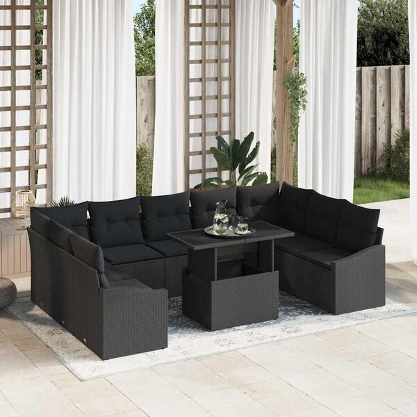 vidaXL Sofa Set with Cushion Manual 10 pcs Black Poly Rattan