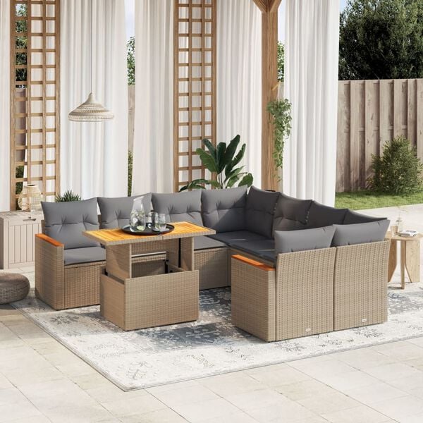 vidaXL 9 Piece Garden Sofa Set with Cushions Beige Poly Rattan