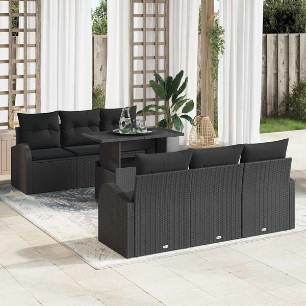 vidaXL Garden Sofa Set with Cushion 7 pcs Black Poly rattan