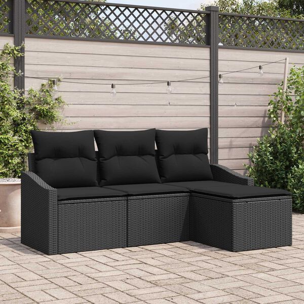 vidaXL Sofa Set with Cushion with Storage 4 pcs Black Poly Rattan