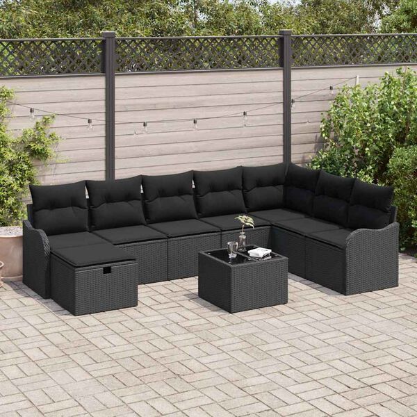 vidaXL Sofa Set with Cushion with Storage Manual Black Poly Rattan