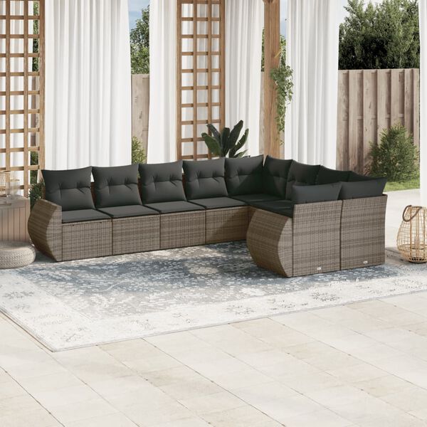 vidaXL 9 Piece Garden Sofa Set with Cushions Grey Poly Rattan
