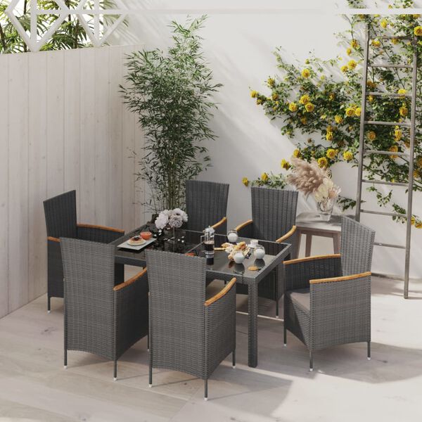 vidaXL 7 Piece Outdoor Dining Set with Cushions Poly Rattan Black and Grey