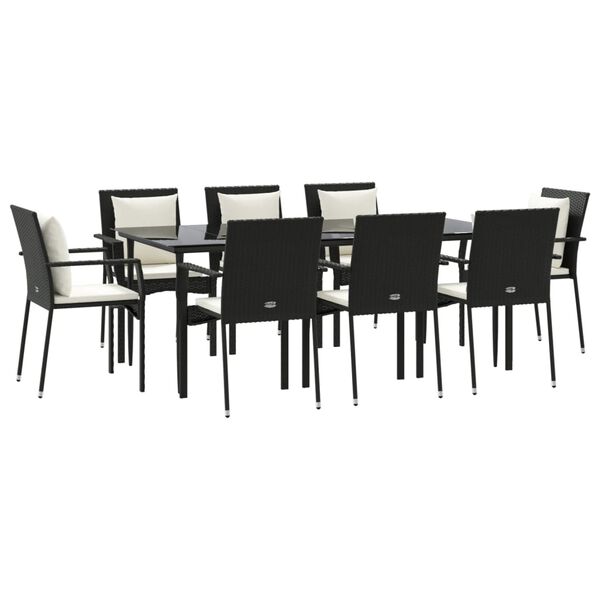 vidaXL 9 Piece Garden Dining Set with Cushions Black Poly Rattan