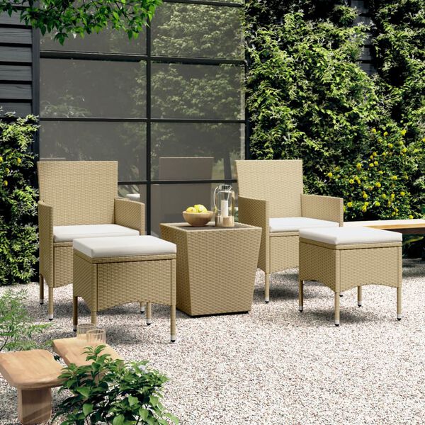vidaXL 5 Piece Garden Bistro Set Poly Rattan and Tempered Glass Beige