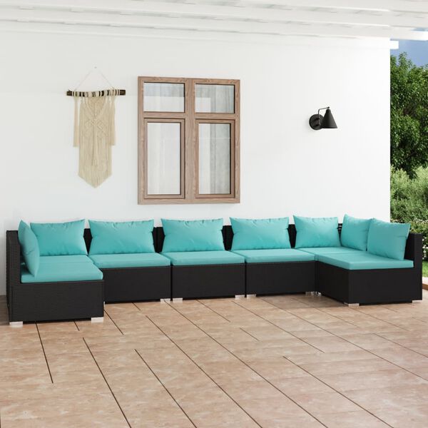 vidaXL 7 Piece Garden Lounge Set with Cushions Poly Rattan Black