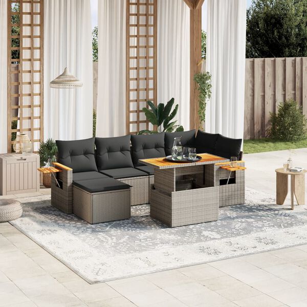 vidaXL 7 Piece Garden Sofa Set with Cushions Grey Poly Rattan