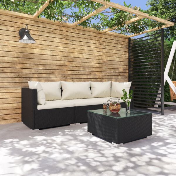 vidaXL 4 Piece Garden Lounge Set with Cushions Poly Rattan Black