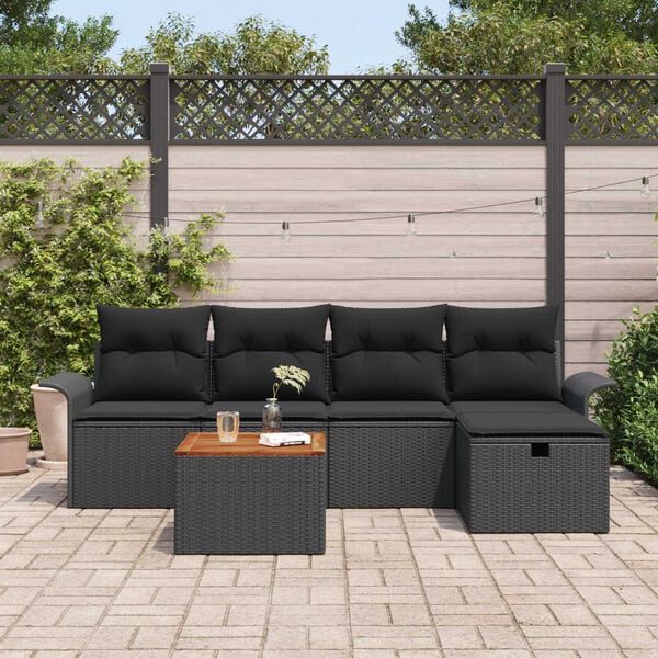 vidaXL Garden Sofa Set with Storage 6 pcs Black Poly rattan