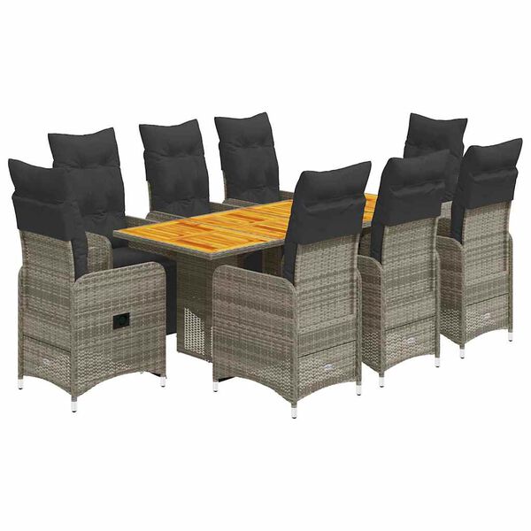 vidaXL 9 Piece Garden Bistro Set with Cushions Grey Poly Rattan