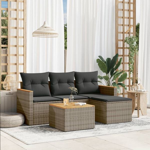 vidaXL 5 Piece Garden Sofa Set with Cushions Grey Poly Rattan